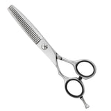 A pair of left-handed professional thinning scissors with a polished finish, featuring beveled edge blades and a fixed screw mechanism.