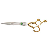 A pair of professional hairdressing scissors with a polished silver finish, featuring convex edge blades and a fixed finger rest.