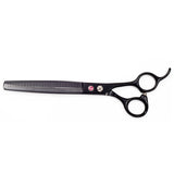 Matt black pet grooming hair thinning scissors with a convex edge and a fixed finger rest.