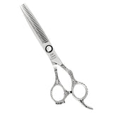 A professional silver-thrusted thinning scissors with a fixed finger rest and beveled edge blade.