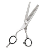 A pair of left-handed professional thinning scissors with a polished finish, featuring beveled edge blades and a fixed screw mechanism.