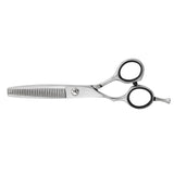 A pair of left-handed professional thinning scissors with a polished finish, featuring beveled edge blades and a fixed screw mechanism.
