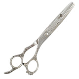 A professional silver-thrusted thinning scissors with a fixed finger rest and beveled edge blade.