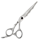 A pair of professional curved hairdressing scissors made from high-quality Japanese stainless steel with a matte silver finish, featuring a fixed finger rest and an adjustable screw.