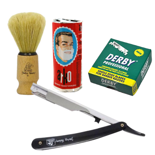 DERBY SHAVING SET(STRAIGHT RAZOR + BRUSH + SINGLE EDGE BLADES + SOAP