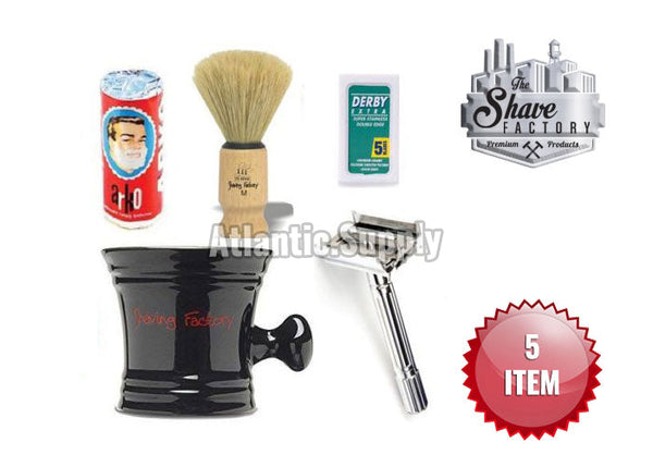 Beginners Shaving Set (Butterfly Safety Razor + Shaving mug (White/Black) + Wooden Brush + Soap + 5 Derby Blades)