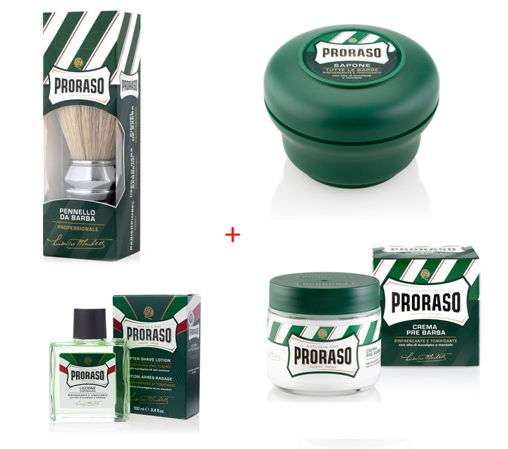Proraso Shaving Kit (Soap, pre-shave cream, lotion, brush)
