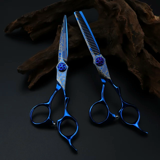 Blue Damascus Pattern 6.0'' 440c Hairdressing Scissors Set