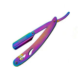 A multi-colored metal straight razor with a curved handle.