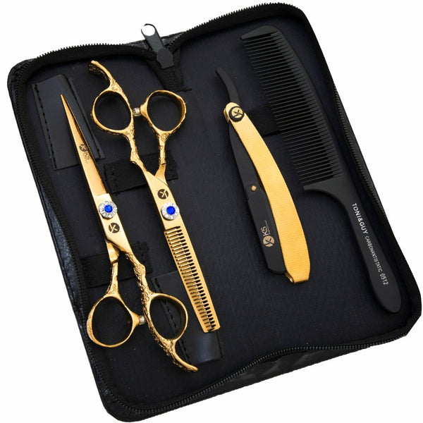 SHARPEND Gold Edition Barber Scissors Set – 5.5” Japanese Steel, Razor Kit, Adjustable Tension, USA Made